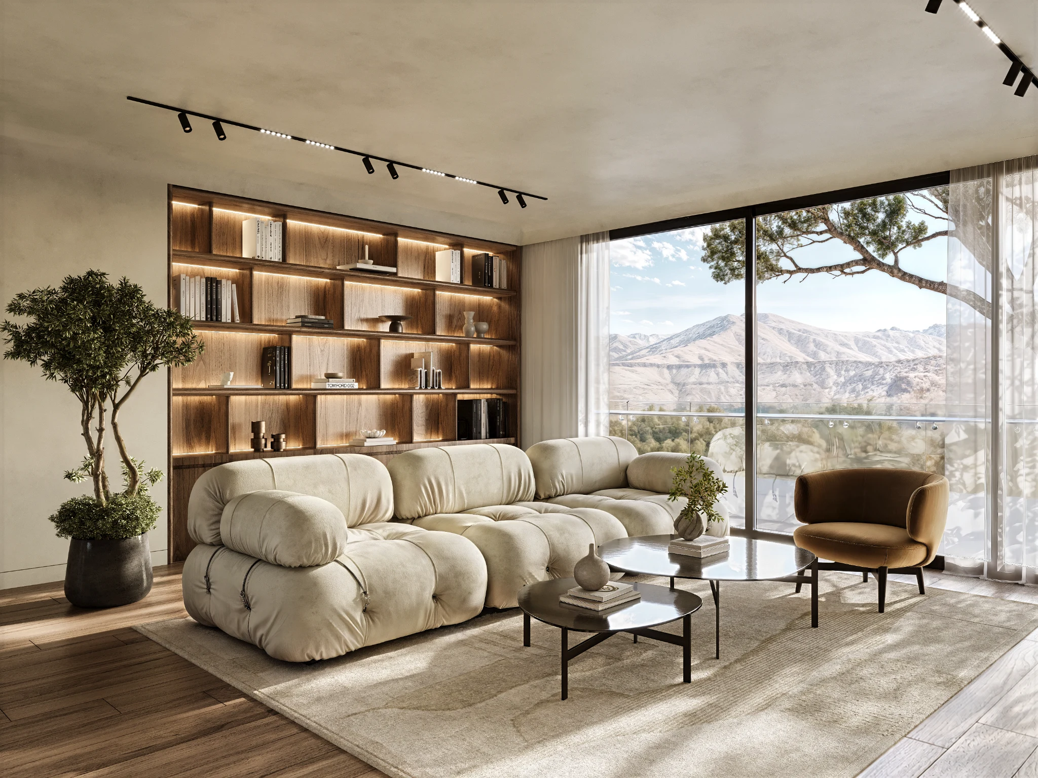 Living room with a soft sofa, timber shelving and mountain views