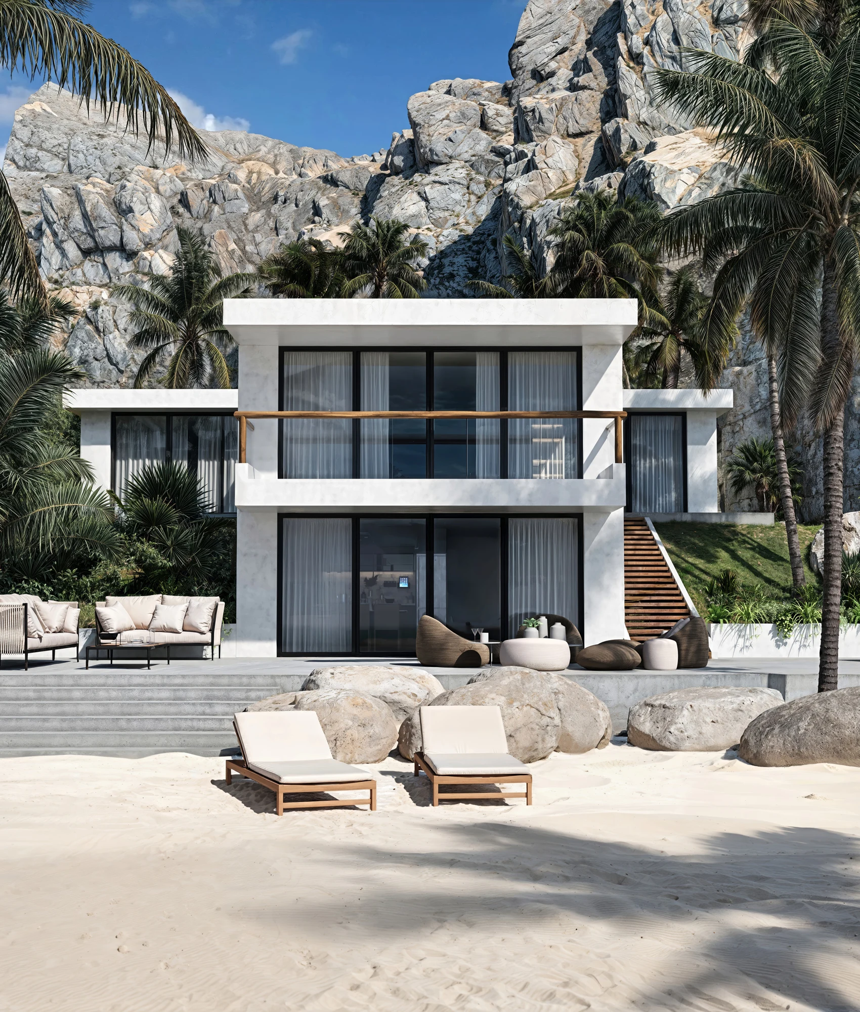 White villa framed by rocky cliffs and palms, with sun loungers on the sand