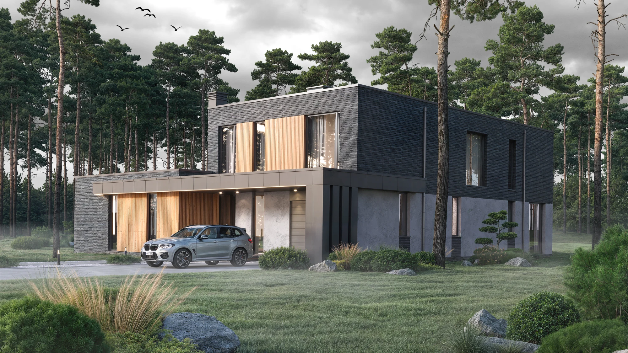 Angled view of a dark brick and timber villa set among tall pines